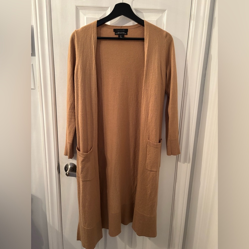 Tahari Merino Wool Blend Cardigan in Tan
